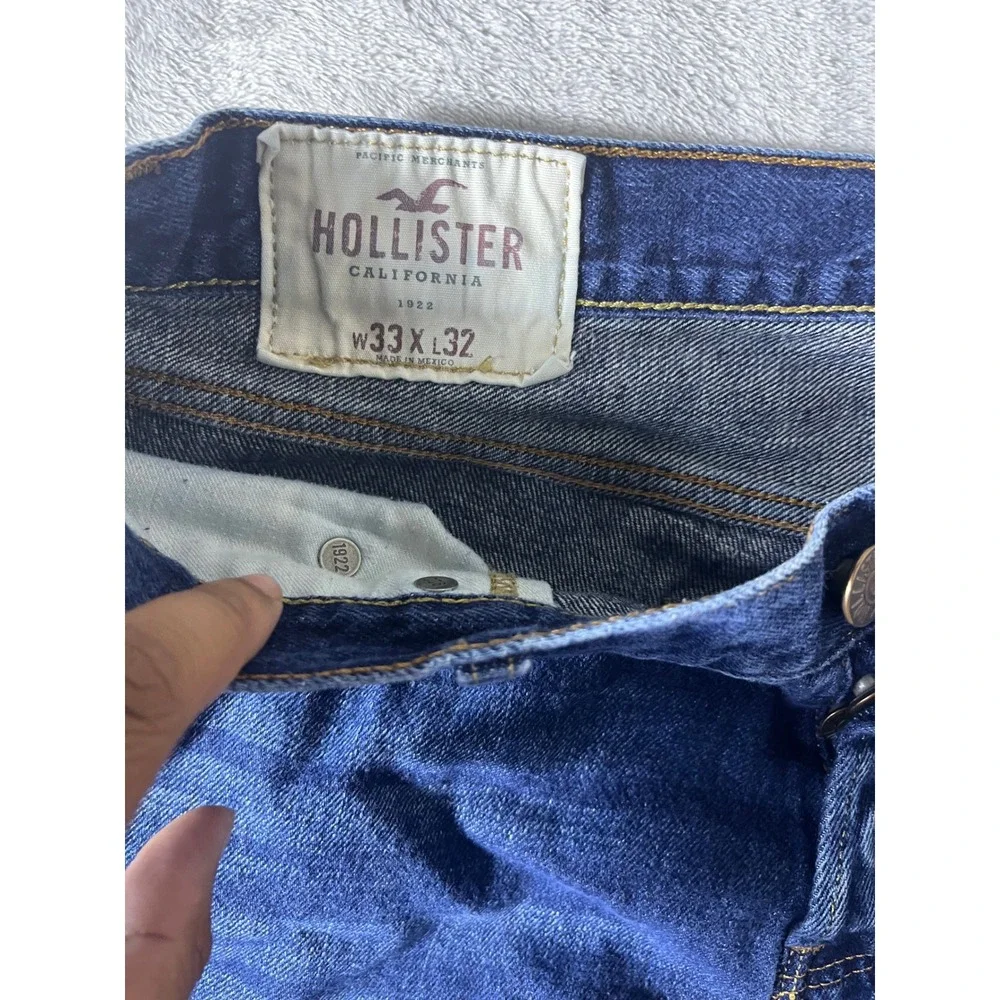 Hollister Mens Straight Leg Dark Wash Blue Denim Jeans 33x32 Button Fly